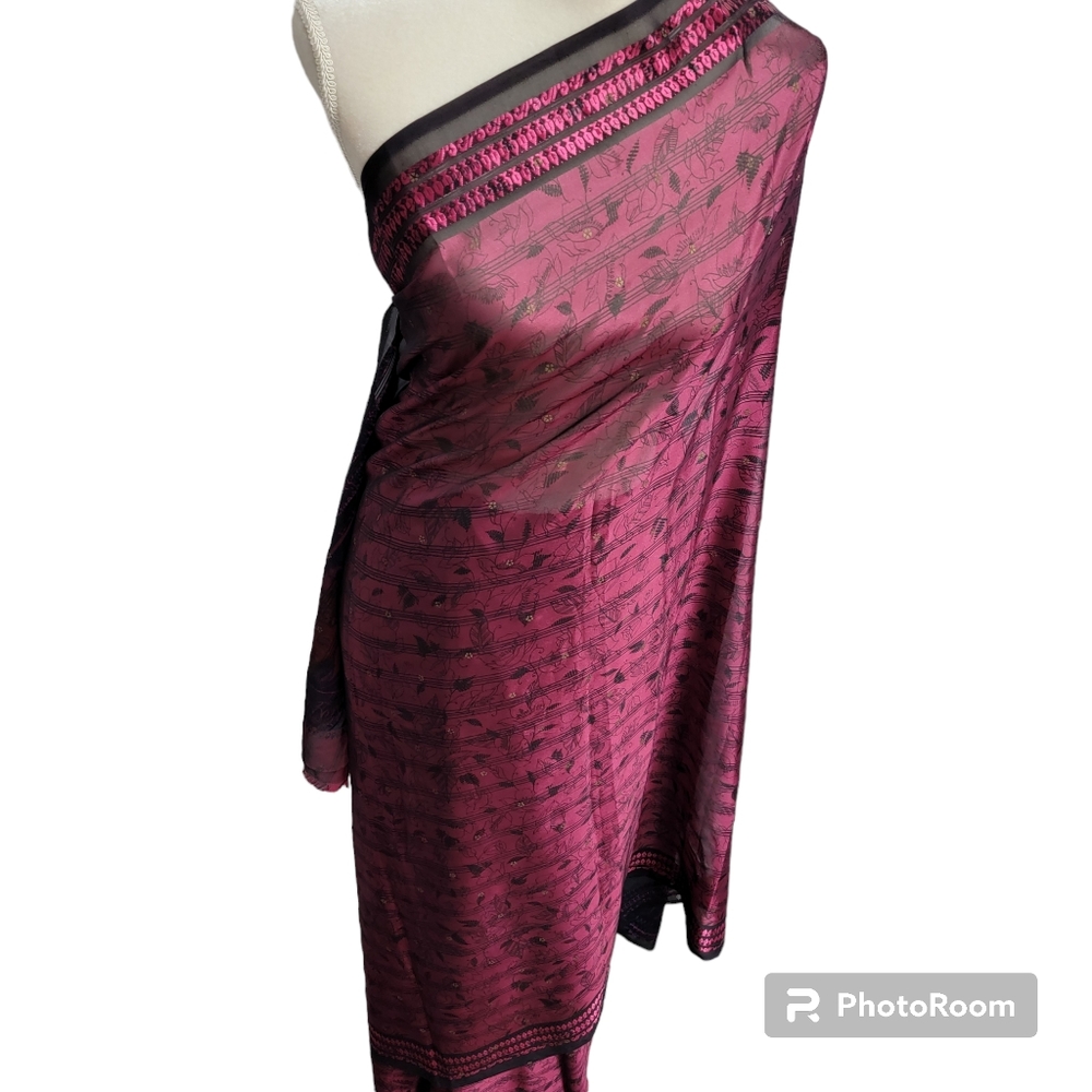 Dark pink and black silk and polyester saree/sari with red, brown, blue, pink pu